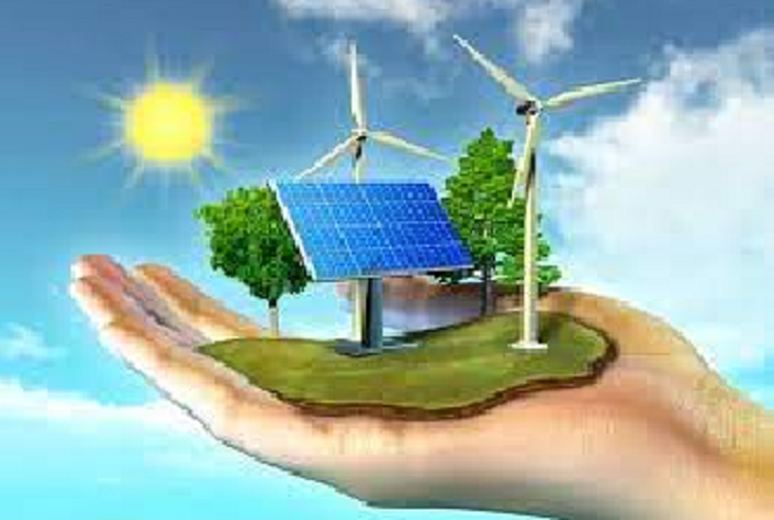 image composition depicting renewable energy, showing solar panel, windmill, green trees, sunlight, on green earth, on open hands